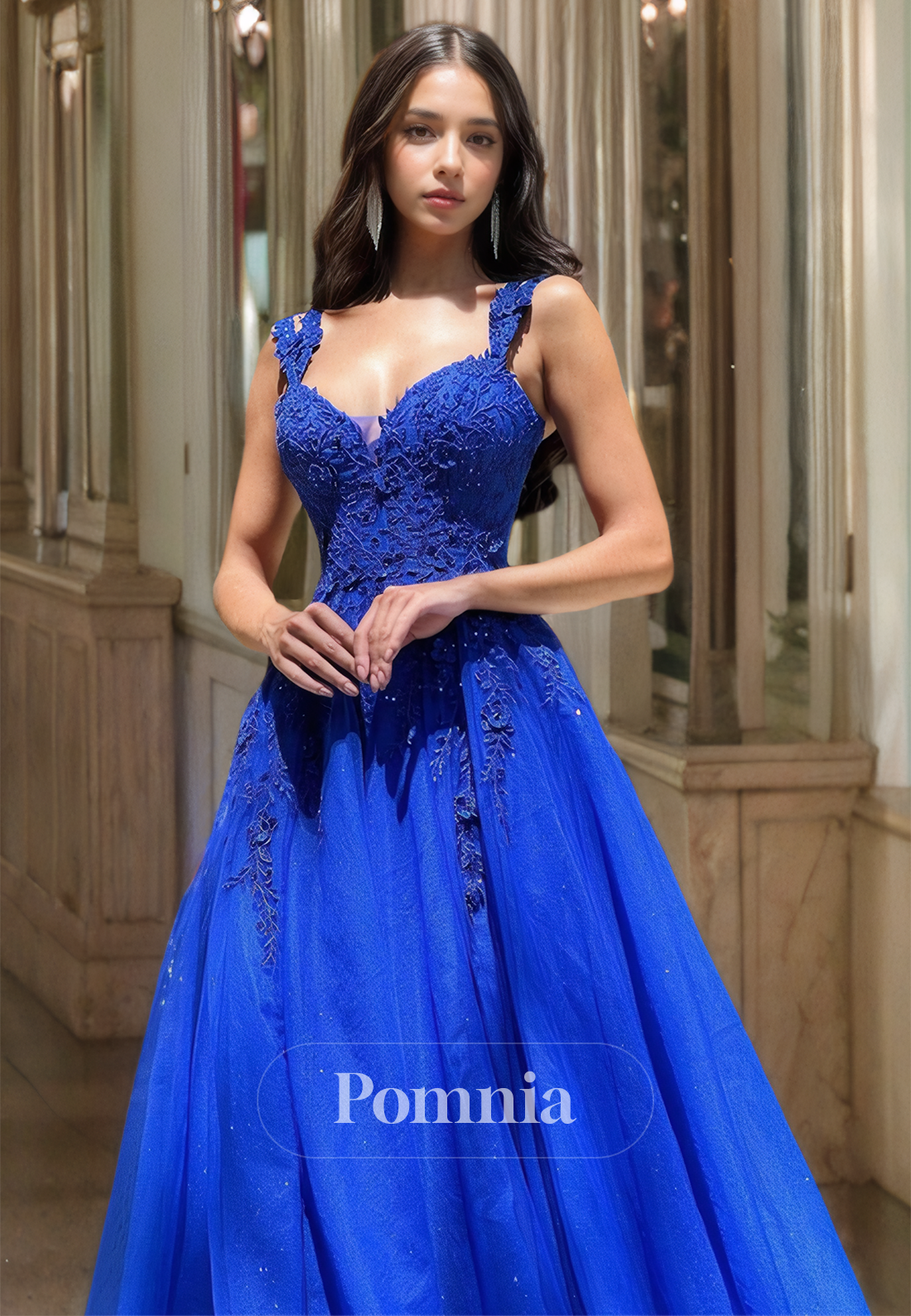 Royal Blue Spaghetti Straps Sweetheart Prom Dress with Train Appliques Evening Party Dress