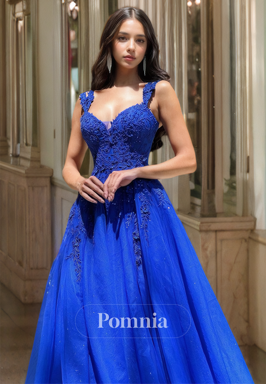 Royal Blue Spaghetti Straps Sweetheart Prom Dress with Train Appliques Evening Party Dress