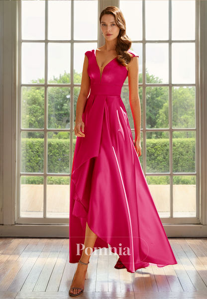 A-Line V-Neck Sleeveless Empire-Waist Satin Long Evening Formal Dress