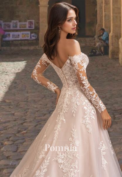 A-Line Off-Shoulder Floral Lace Appliques Long Sleeves Court Train Beach Wedding Dress