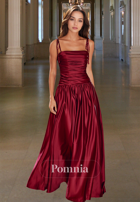 Burgundy Spaghetti Straps Scoop Prom Dress with Pleats Empire-Waist Evening Party Dress