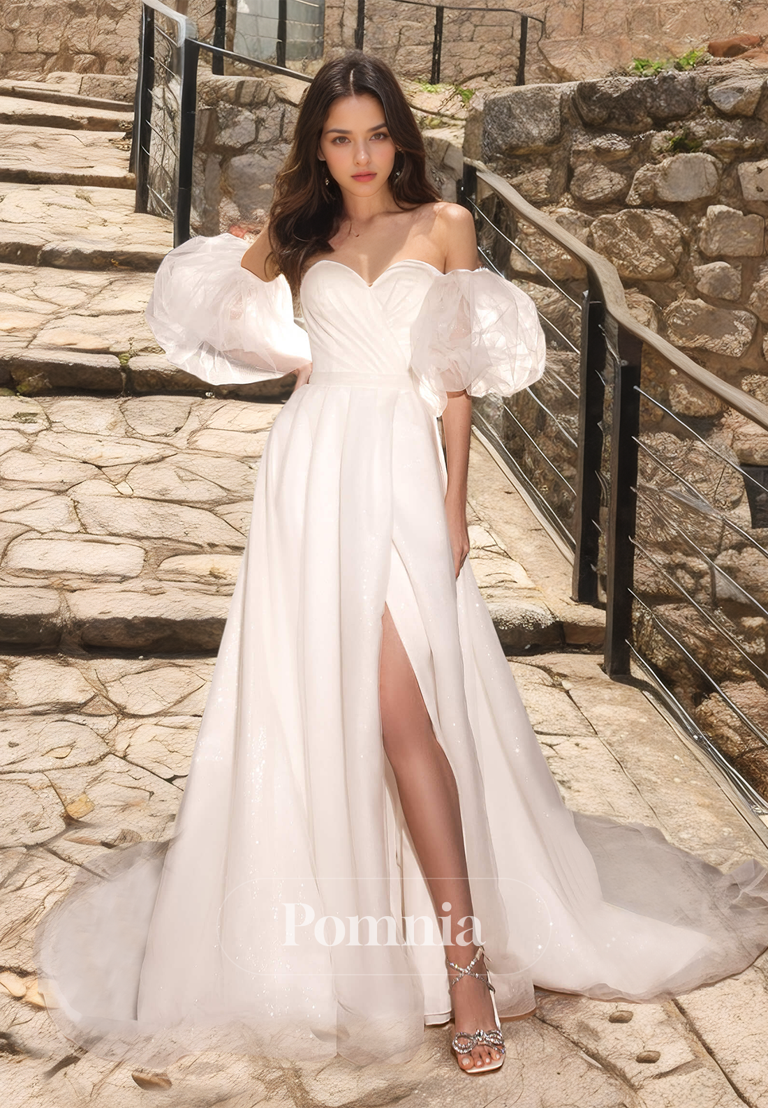 Charming A-Line Off-Shoulder Puff Sleeves Backless Side Slit Romantic Wedding Dress