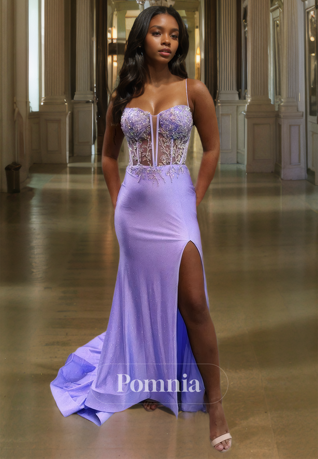 Lilac Spaghetti Straps Sweetheart Prom Dress with Side Slit Corset Tulle Evening Party Dress