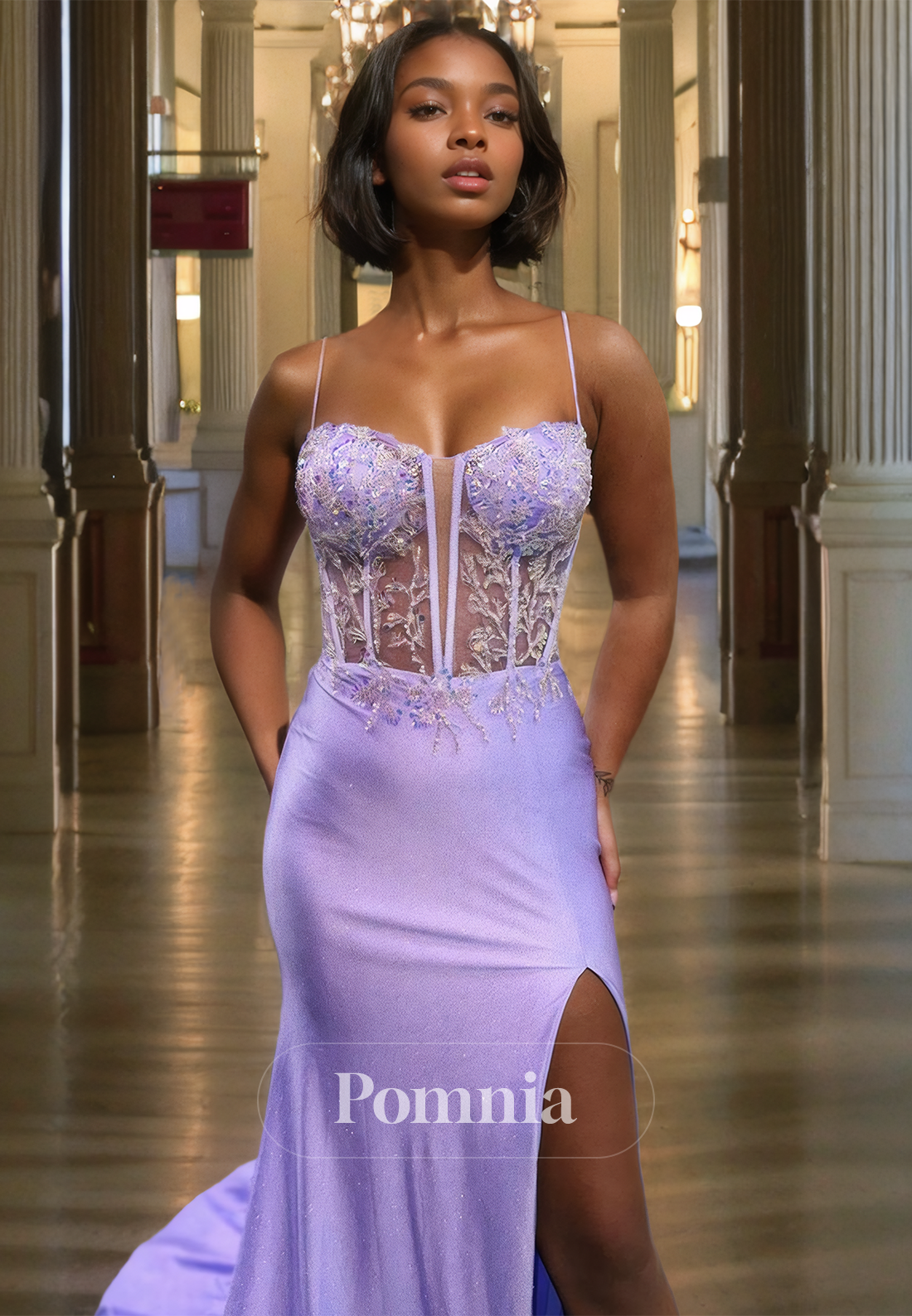 Lilac Spaghetti Straps Sweetheart Prom Dress with Side Slit Corset Tulle Evening Party Dress