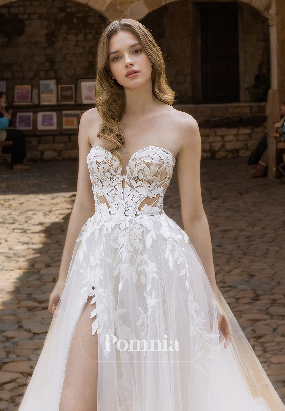 A-Line Off-Shoulder Appliques Corset Tulle Side Slit Lace wedding Dress