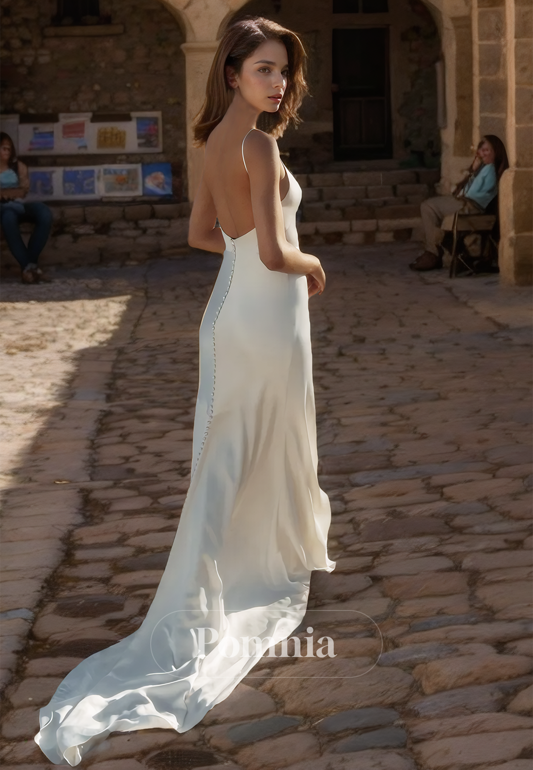 Simple Halter Sleeveless Backless Sweep Train Satin Wedding Dress