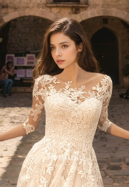 Elegant A-Line Scoop 3/4 Sleeves Illusion Floral Appliques Sweep Train Lace Wedding Dress