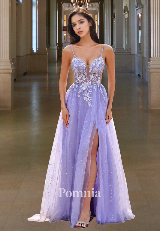 Lilac A-Line Spaghetti Straps Sweetheart Prom Dress with Slit Appliques Evening Party Dress