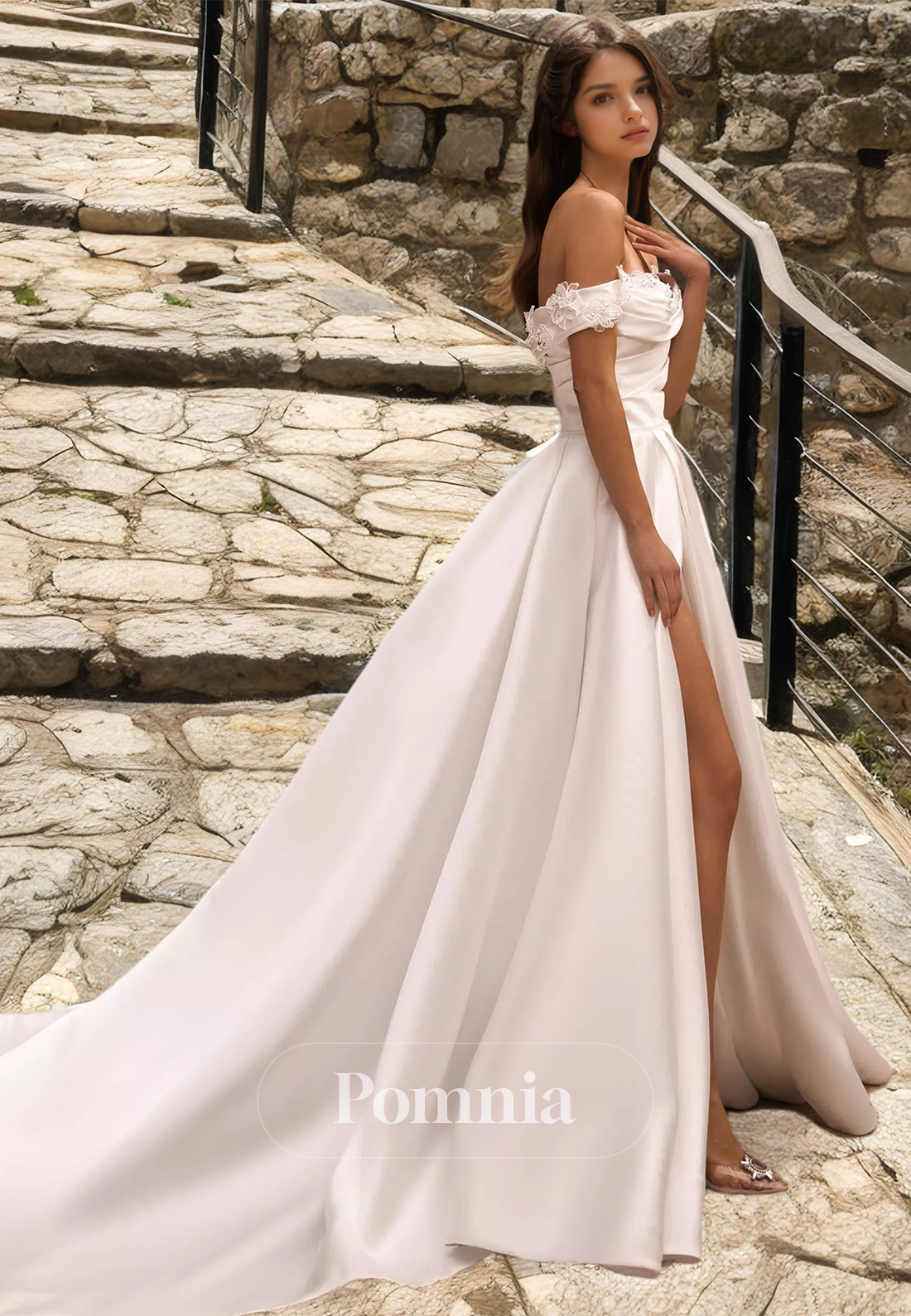 A-Line Off-Shoulder Slit Empire-Waist Ruched Satin Wedding Dress