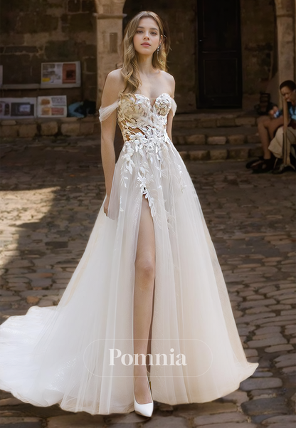 A-Line Off-Shoulder Appliques Corset Tulle Side Slit Lace wedding Dress