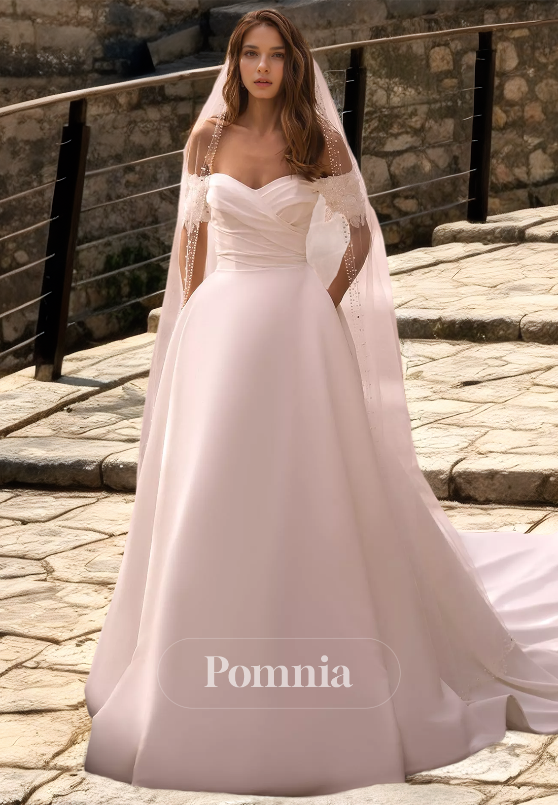 Elegant Off-Shoulder Cap Sleeves Empire-Waist Satin Wedding Dress