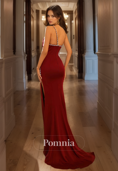 One Shoulder Sheath Appliques Long Prom Dress with Slit Ruched Evening Dress