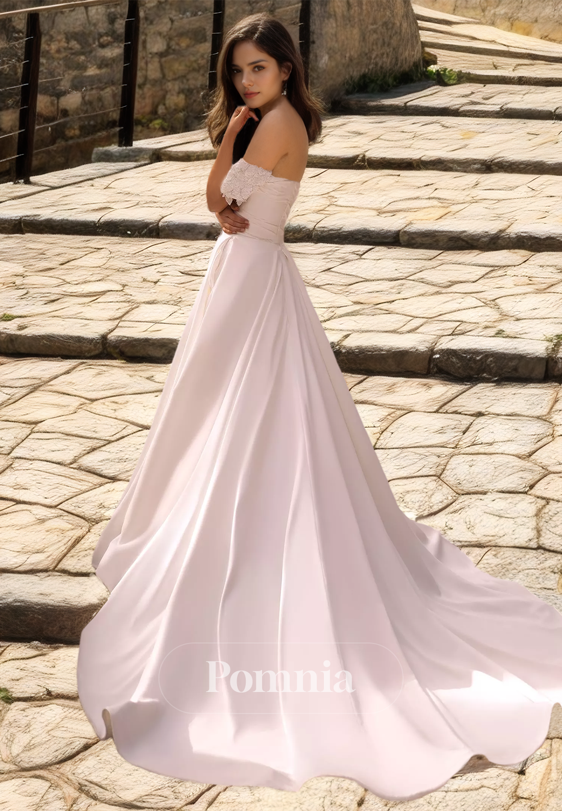 Elegant Off-Shoulder Cap Sleeves Empire-Waist Satin Wedding Dress