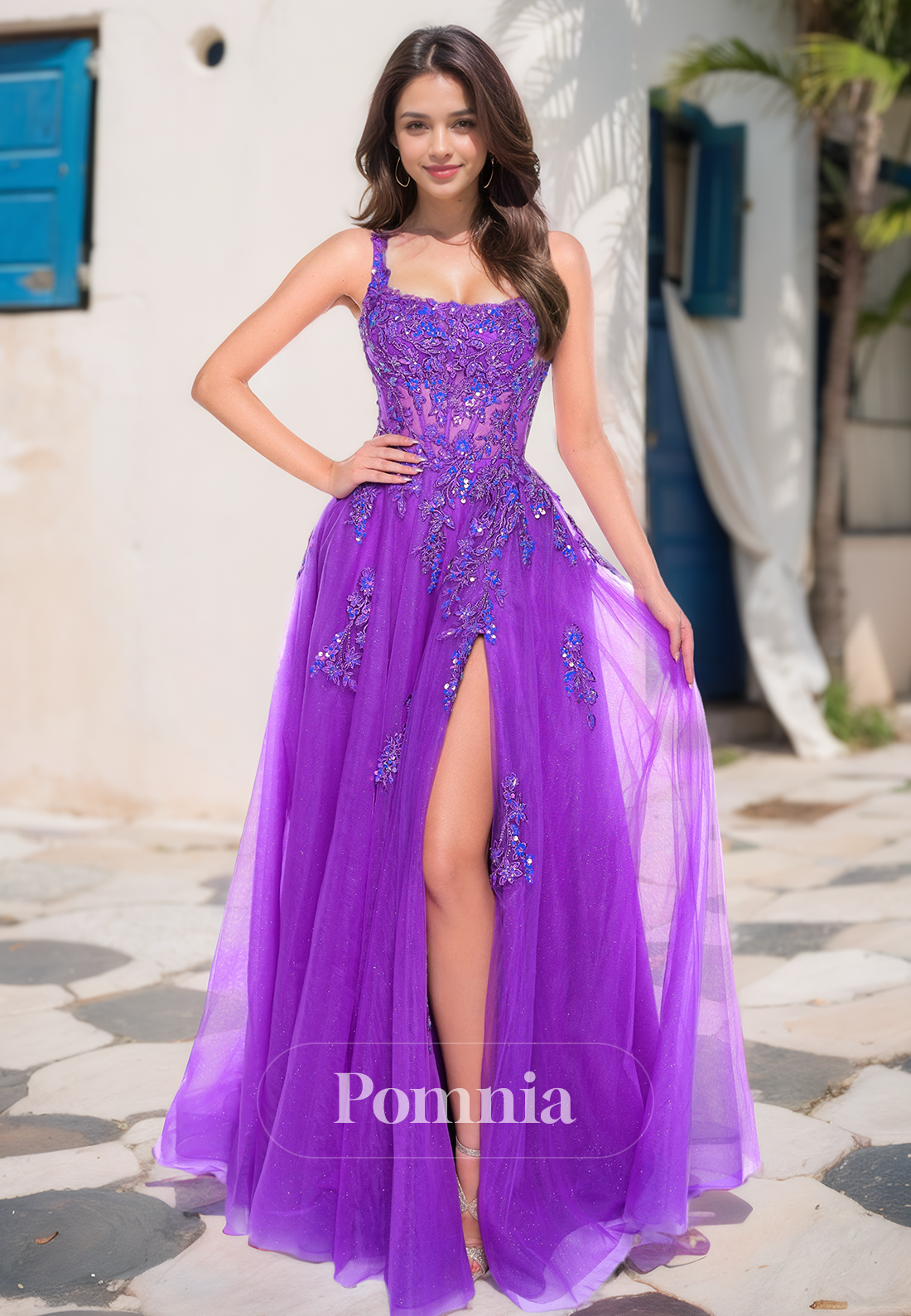 A-Line Spaghetti Straps Square Prom Dress with Slit Sequins Evening Party Dress