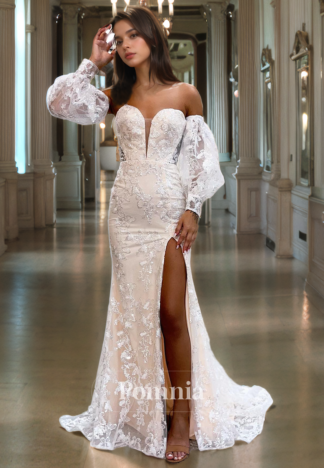 Off-Shoulder Sweetheart Long Sleeves Lace Appliques Long Prom Dress with Slit