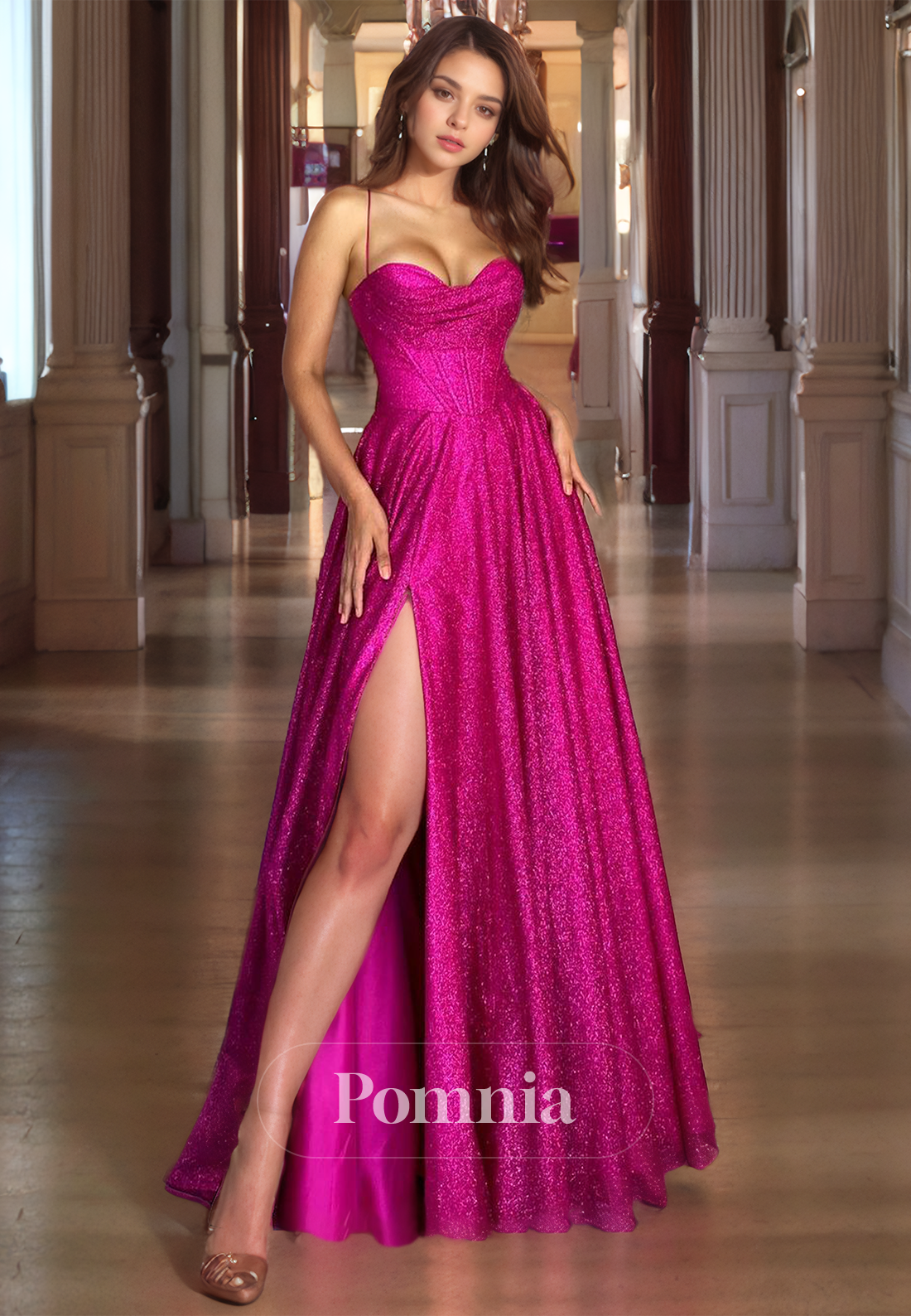 P1575 - A-Line Halter Side Split Glitter Pleated Sleeveless Long Prom Formal Dress