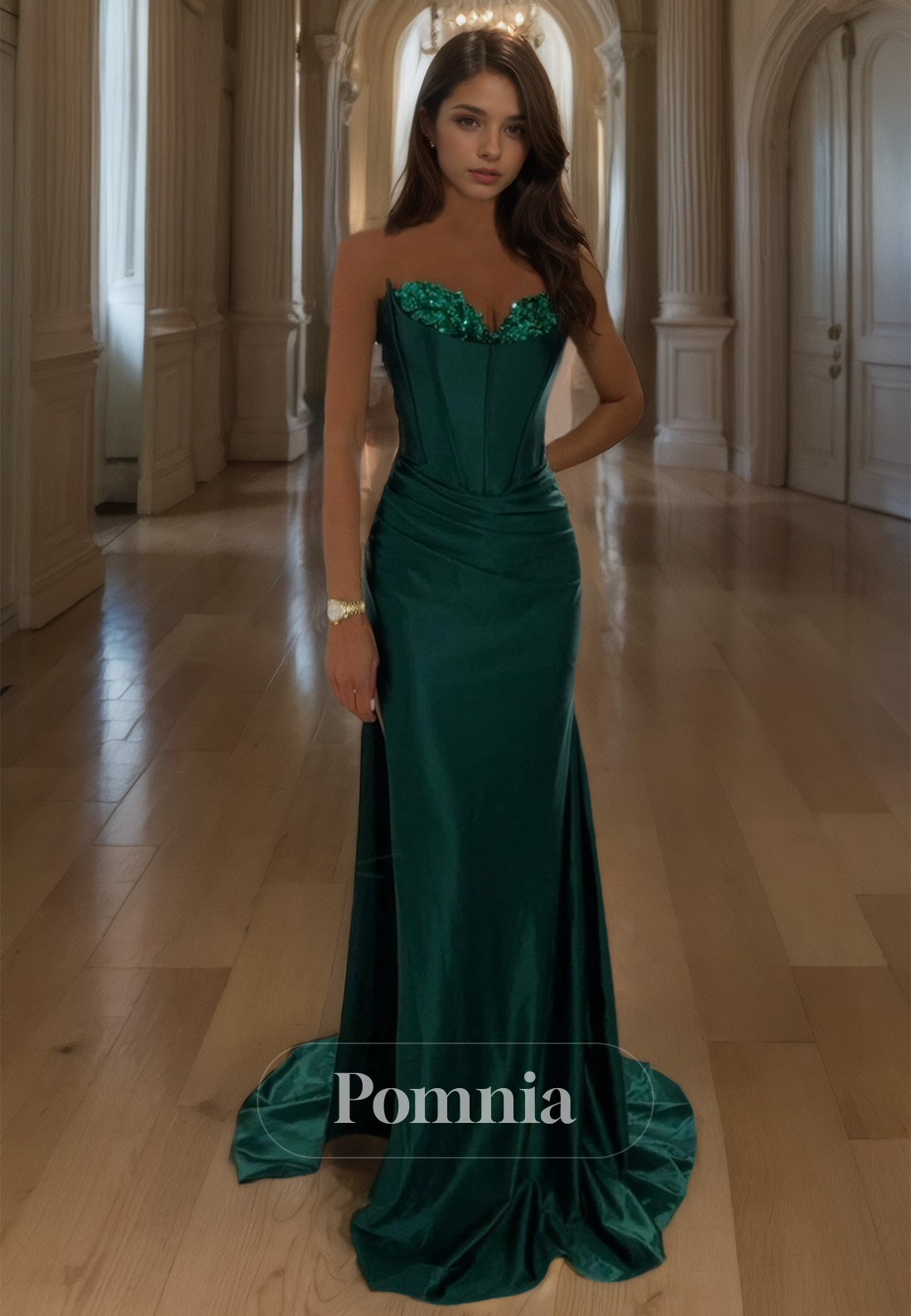 Dark Green Mermaid Ruched Floor-Length Long Prom Dress with Side Slit Beaded Evening Party Dress