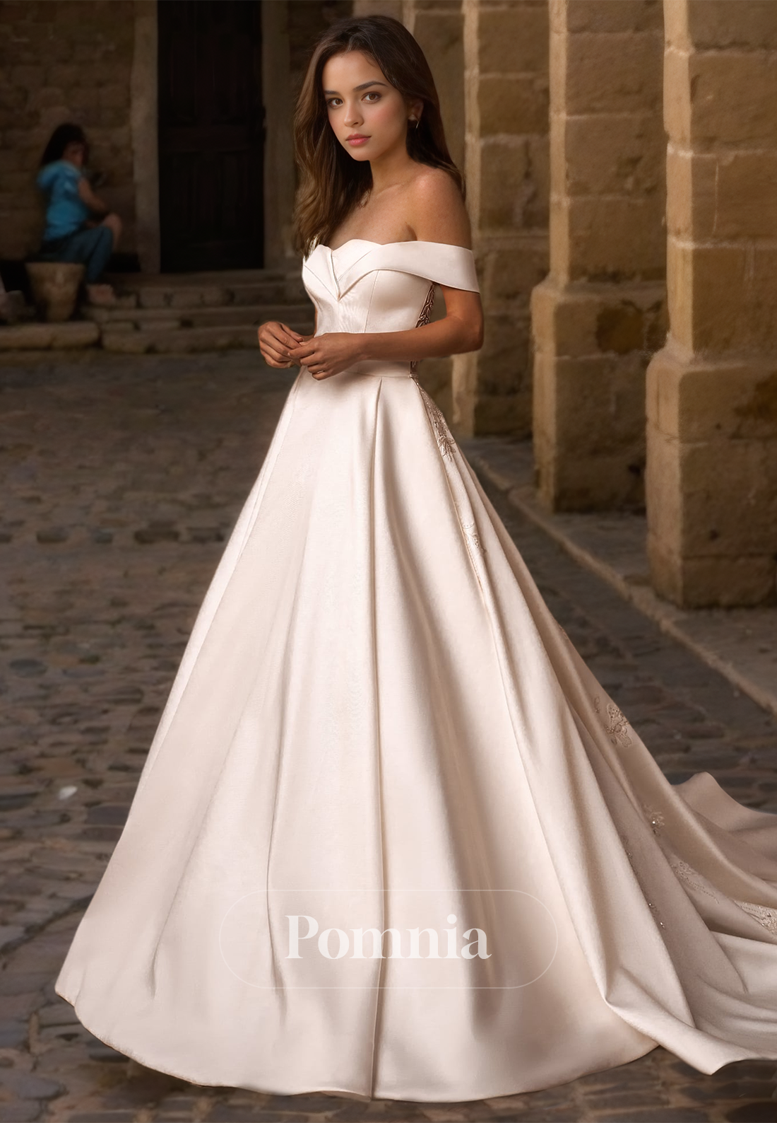 Charming Off-Shoulder Cap Sleeves A-Line Court Train Satin Wedding Dress