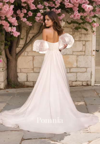 Charming A-Line Off-Shoulder Puff Sleeves Backless Side Slit Romantic Wedding Dress