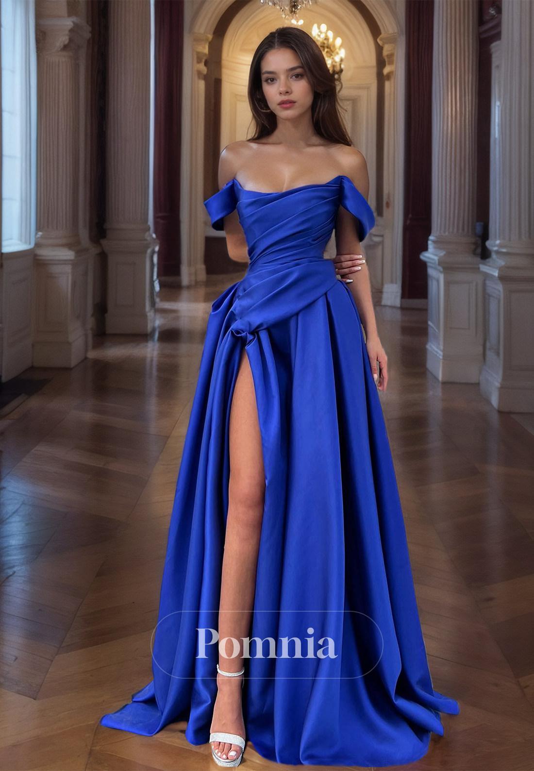 A-Line Strapless Cap Sleeves Evening Dress with Slit Floor-Length Ruched Formal Prom Party Dress