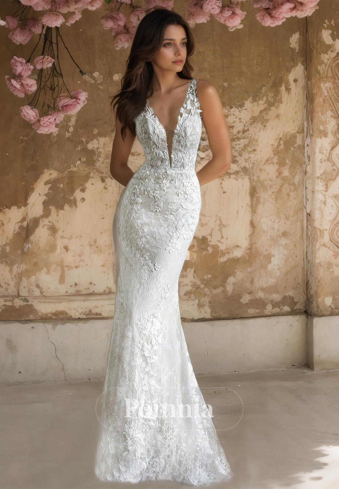 V-Neck Spaghetti Straps Lace Appliques Floor-Length Mermaid Wedding Dress