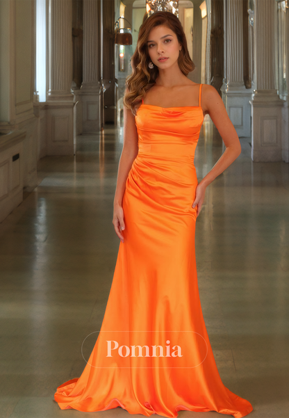 Papaya Spaghetti Straps  Prom Dress with Train Lace-Up Back Evening Party Dress