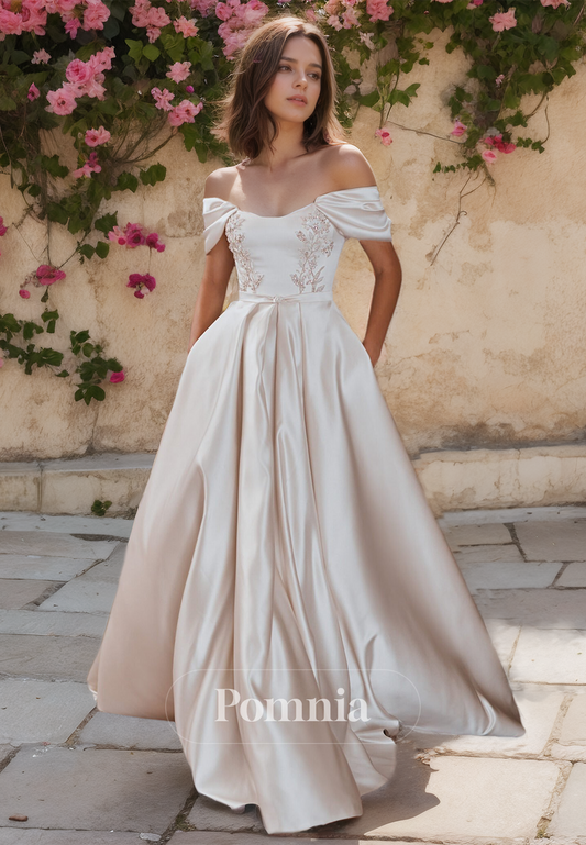 A-Line Off-Shoulder Cap Sleeves Sweetheart Appliques Romantic Wedding Dress