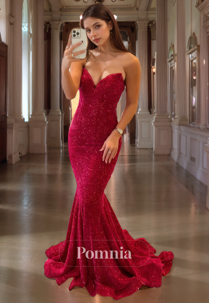 Mermaid/Trumpet Off-Shoulder V-Neck Sleeveless Sequined Long Prom Dress