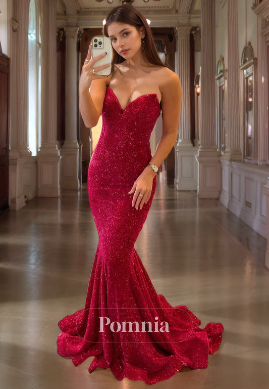 Mermaid/Trumpet Off-Shoulder V-Neck Sleeveless Sequined Long Prom Dress