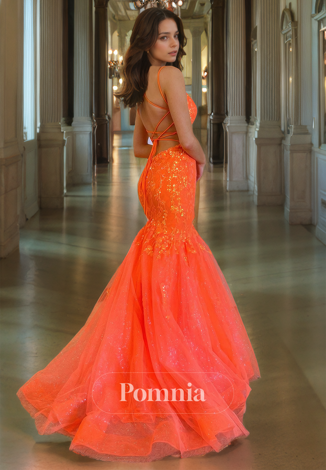 Papaya Mermaid Spaghetti Straps Prom Dress with Appliques Lace-Up Back Evening Dress