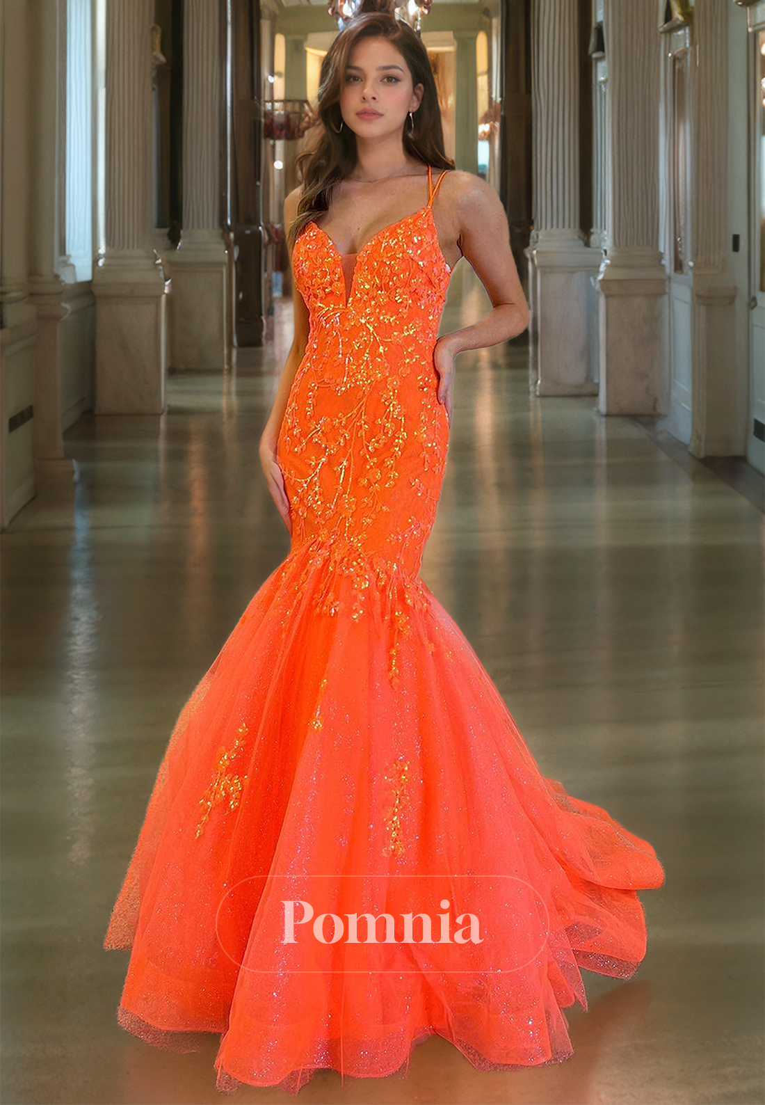 Papaya Mermaid Spaghetti Straps Prom Dress with Appliques Lace-Up Back Evening Dress