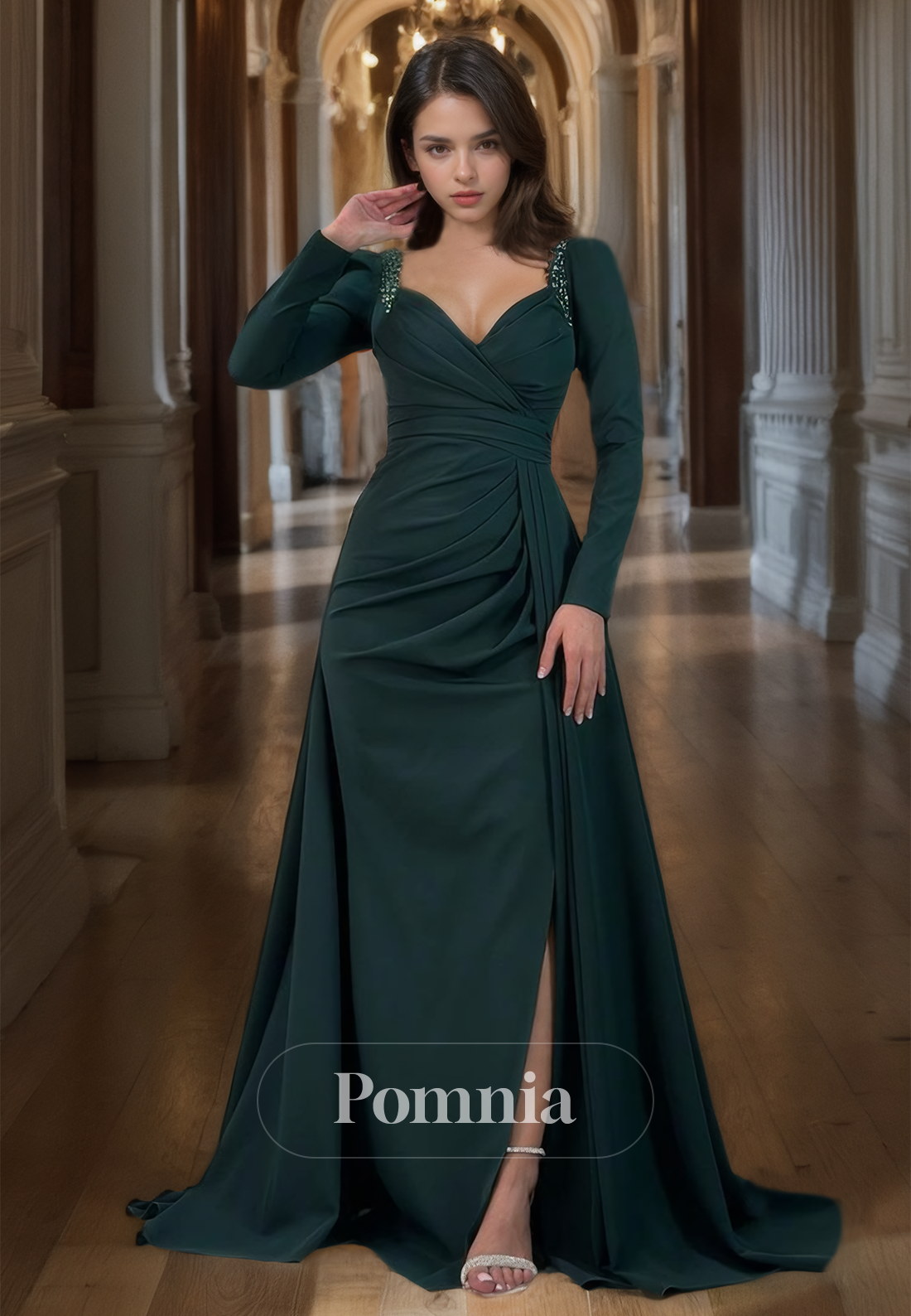 A-Line Empire-Waist V-Neck Long Sleeves Satin Pleated Prom Dress with Slit