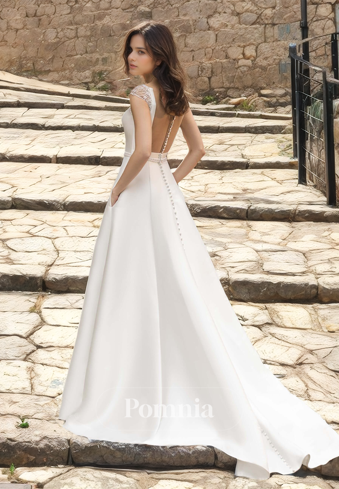 Classic A-Line Cap Sleeves Backless Empire Waist Sweep Train Satin Wedding Dress