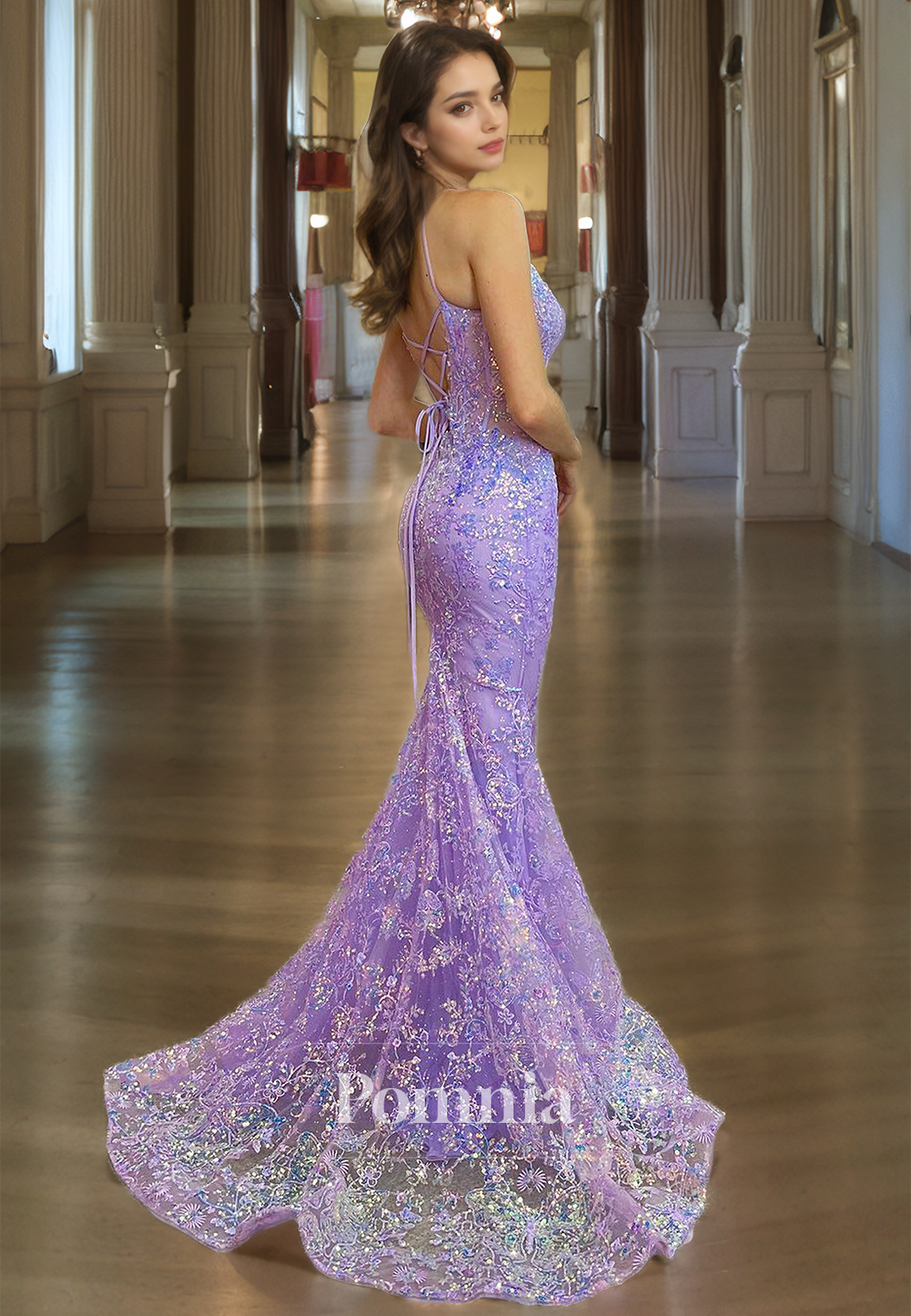 Lilac Spaghetti Straps V-Neck Illusion Prom Dress with Train Corset Tulle Evening Party Dress