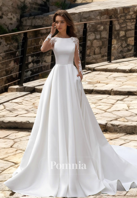 A-Line Boat Neck Lace Long Sleeves Court Train Satin Wedding Dress