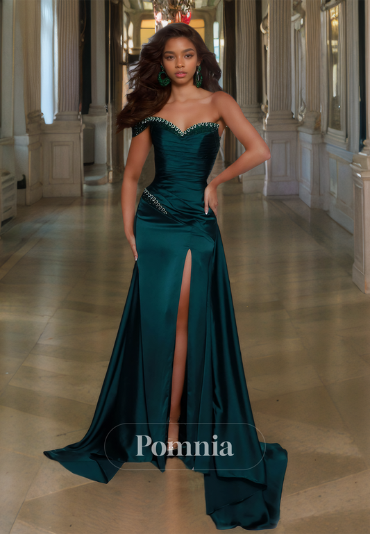 Peacock One Shoulder Evening Dress with Slit Ruched Prom Party Dress