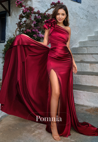 Burgundy One Shoulder Sleeveless Prom Dress with Slit Ruched Evening Party Dress