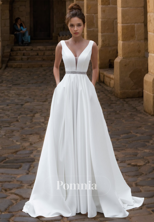 Spaghetti Straps V-Neck Backless Empire-Waist Satin Wedding Dress