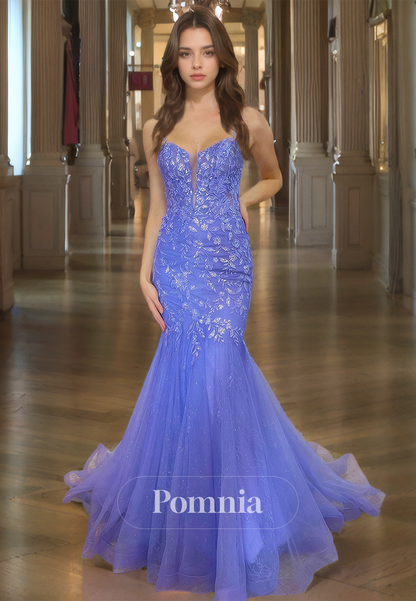 Mermaid Spaghetti Straps Evening Dress with Train Appliques Corset Prom Party Dress