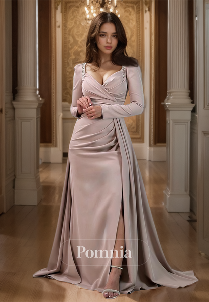 A-Line Empire-Waist V-Neck Long Sleeves Satin Pleated Prom Dress with Slit