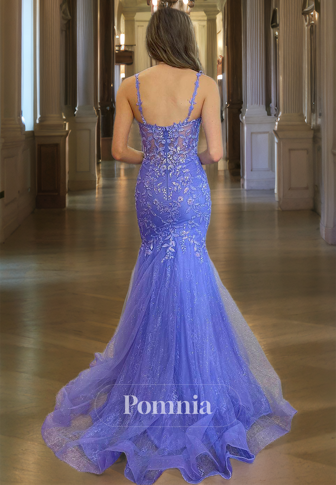 Mermaid Spaghetti Straps Evening Dress with Train Appliques Corset Prom Party Dress