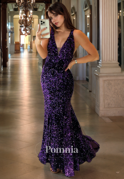 Mermaid/Trumpet V-Neck Double Straps Sleeveless Sequined Long Prom Dress