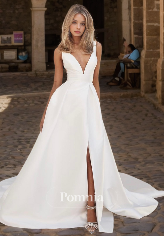 Deep V-Neck Spaghetti Straps Court Train Slit Backless Satin Wedding Dress