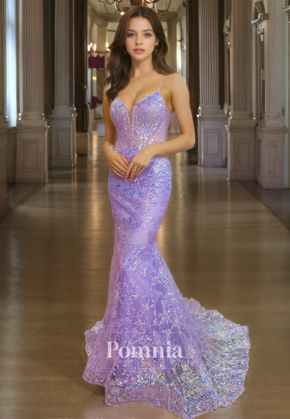 Lilac Spaghetti Straps V-Neck Illusion Prom Dress with Train Corset Tulle Evening Party Dress