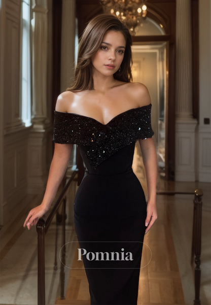 Black Off-Shoulder Sweetheart Prom Dress with  Sequins Floor-Length Evening Dress