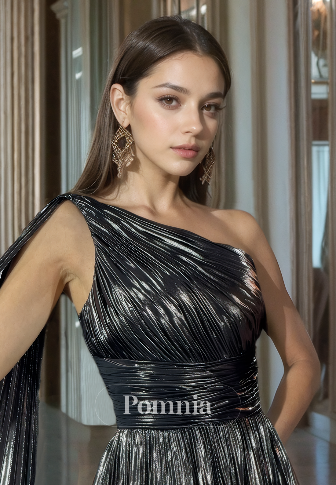 One Shoulder Sleeveless Prom Dress with Train Empire-Waist Evening Party Dress