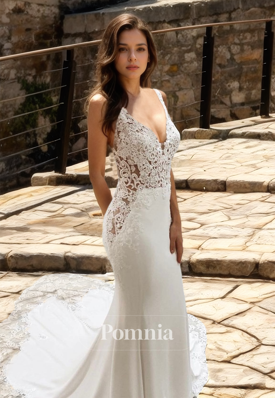 Spaghetti Straps V-Neck Court Train Lace Corset Boho Wedding Dress