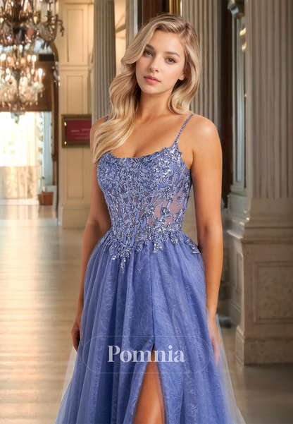 Charming A-Line Spaghetti Straps Prom Dress with Slit Corset Tulle Evening Party Dress