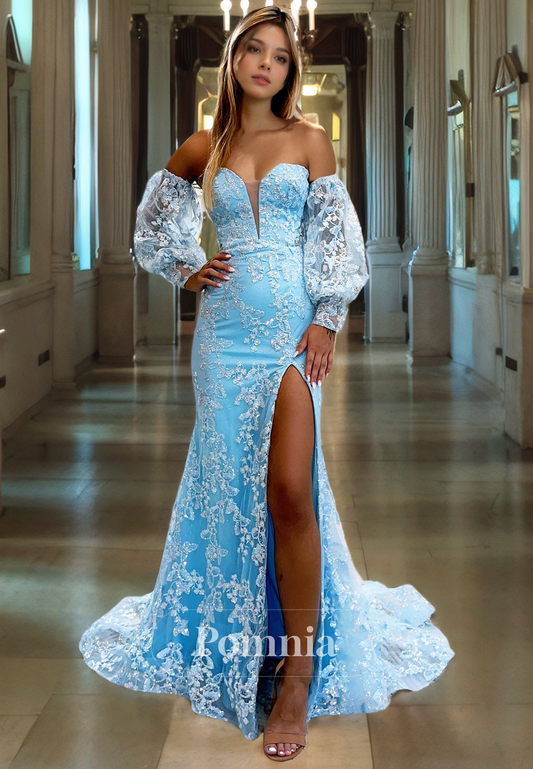 Off-Shoulder Sweetheart Long Sleeves Lace Appliques Long Prom Dress with Slit