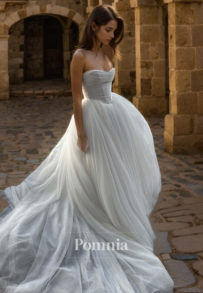 A-Line Strapless Empire-Waist Sleeveless Tulle Long Beach Wedding Dress